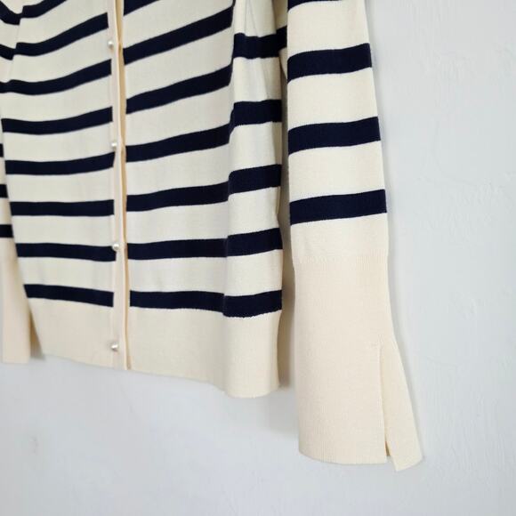 Zara Blue & Cream Beige Nautical Pearl Button Accent Cardigan Sweater Size Large - Picture 3 of 10